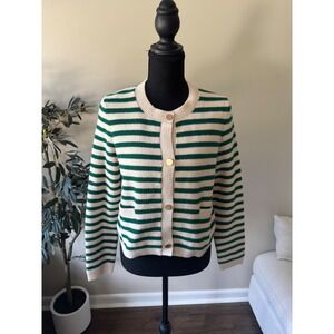 NVLT Womens Striped Knit Cardigan Green Cream Gold Button Front Sweater XS